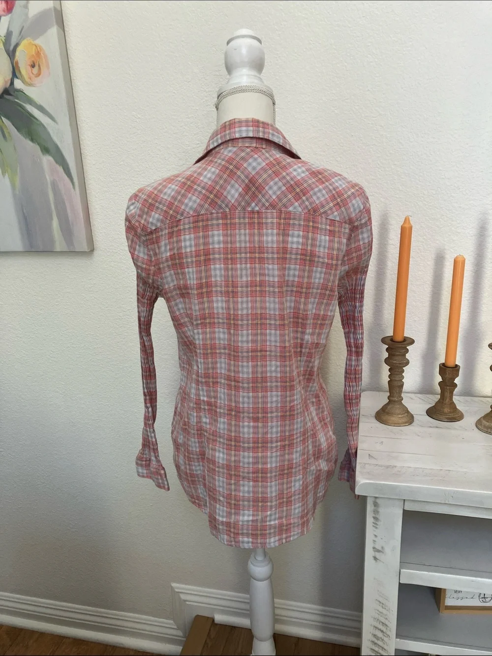 Y2k Liz Claiborne Women’s Coral and White Plaid Button-Down Shirt